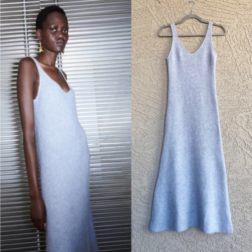 Zara Blue alpaca wool Maxi Dress V-Neck Sleeveless